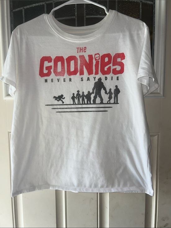 The Goonies Tops - The Goonies woman’s White Graphic Tee - Movie Logo Short Sleeve